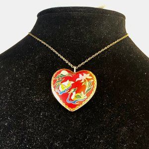 Vintage Cloisonne Large Heart Puffy Double Sided Enamel Pendant Necklace Red Blu